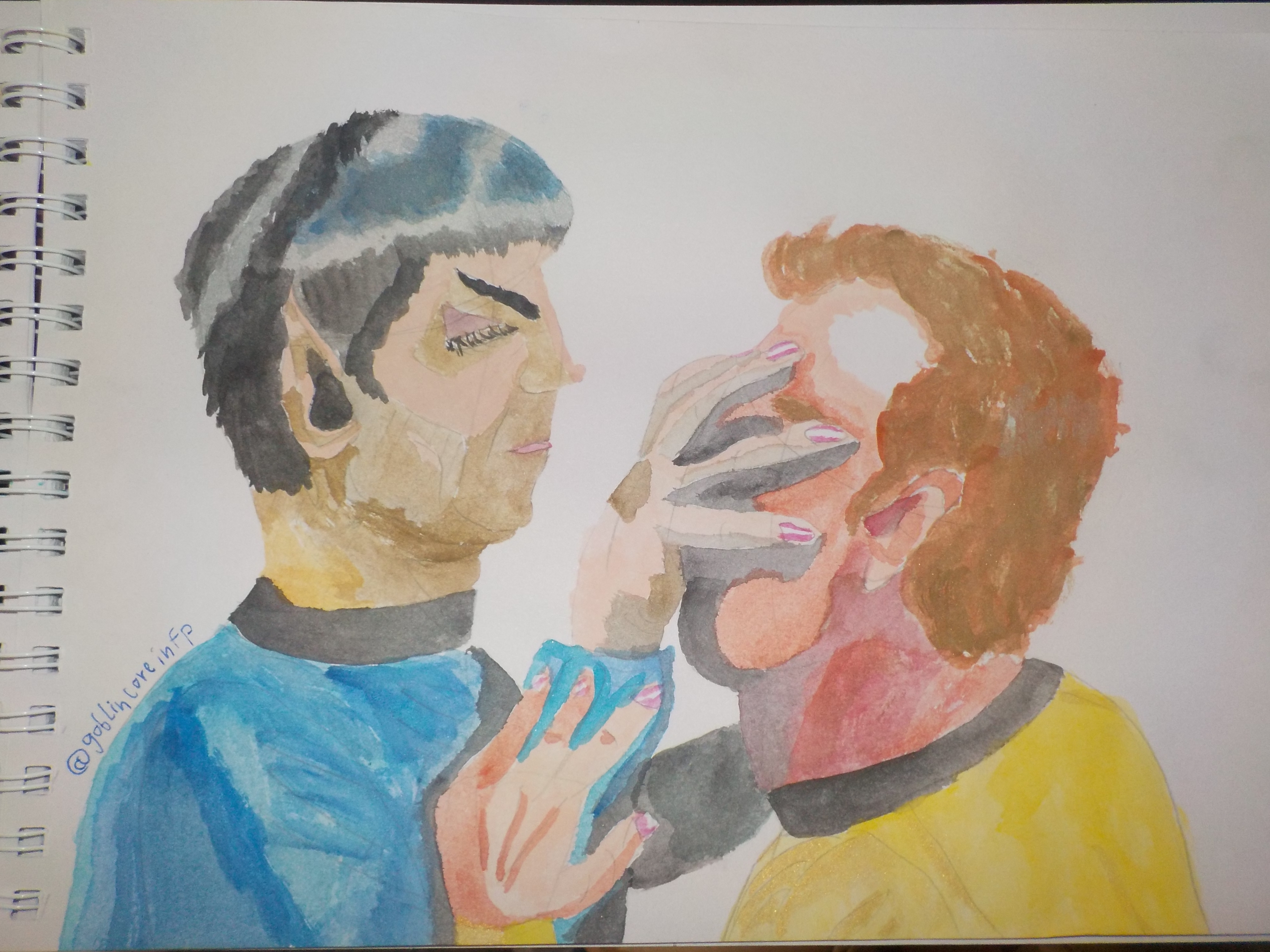 A4 watercolour painting of Kirk and Spock performing a mind meld, with homoerotic undertones